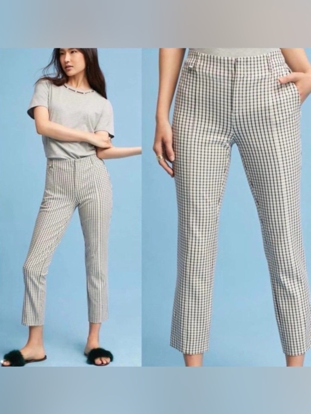 Anthropologie The Essential Slim Women's White and Black Plaid Trousers Sz 00P